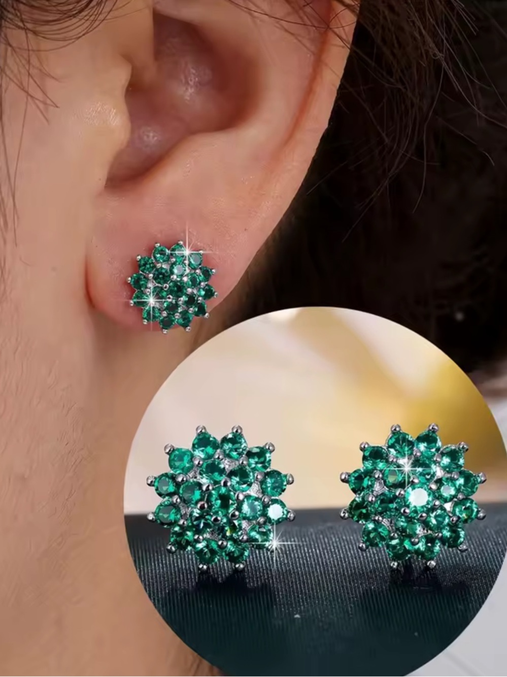 Emerald Cluster Stud Earrings for Women